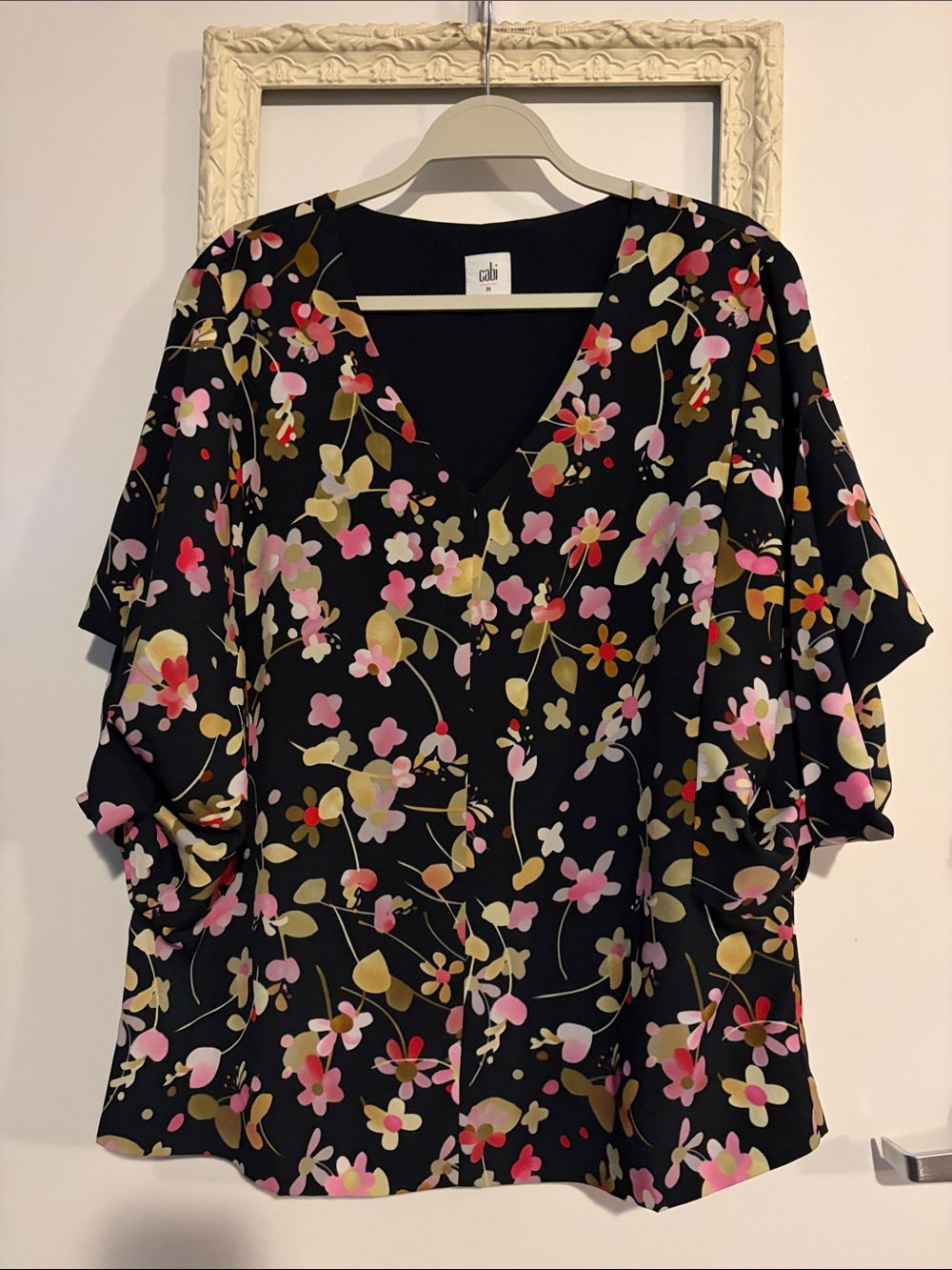 CAbi | Charm Black Floral V-Neck Blouse with Pink & Green Accents